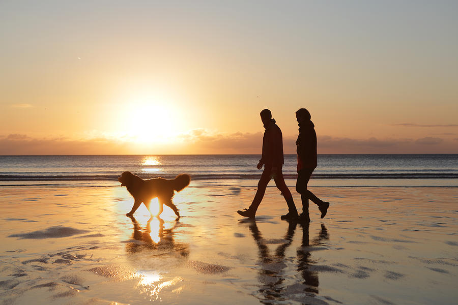 Couple walking do on beach at sunset Photograph by Peter Cade
