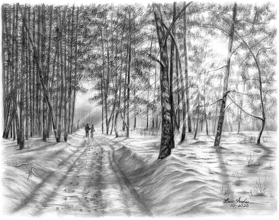 Couple Walking on a Road in Winter Drawing by Lena Auxier