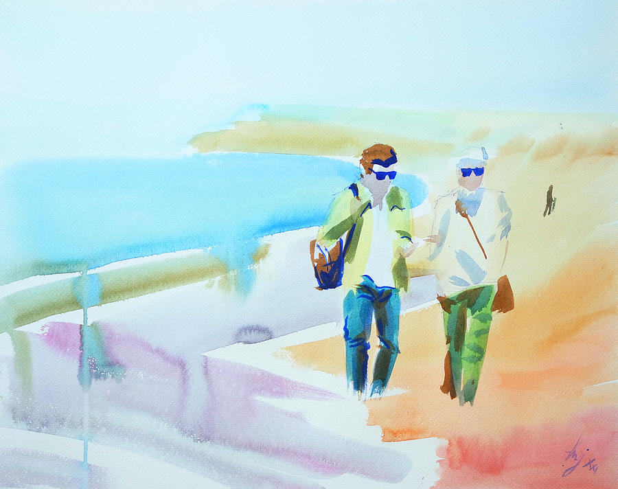 Couple walking on beach at Widemouth Bay Cornwall painting Painting by Mike Jory