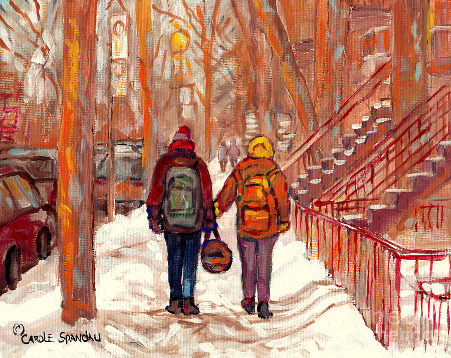 Couples Winter Walk Red Railings Verdun To The Plateau Best Montreal Street Scene Painting C Spandau Painting by Carole Spandau