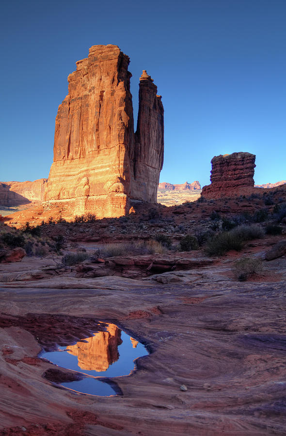 Courthouse Towers and pool reflection Park Avenue at Arches National Park Photograph by Peter Herman