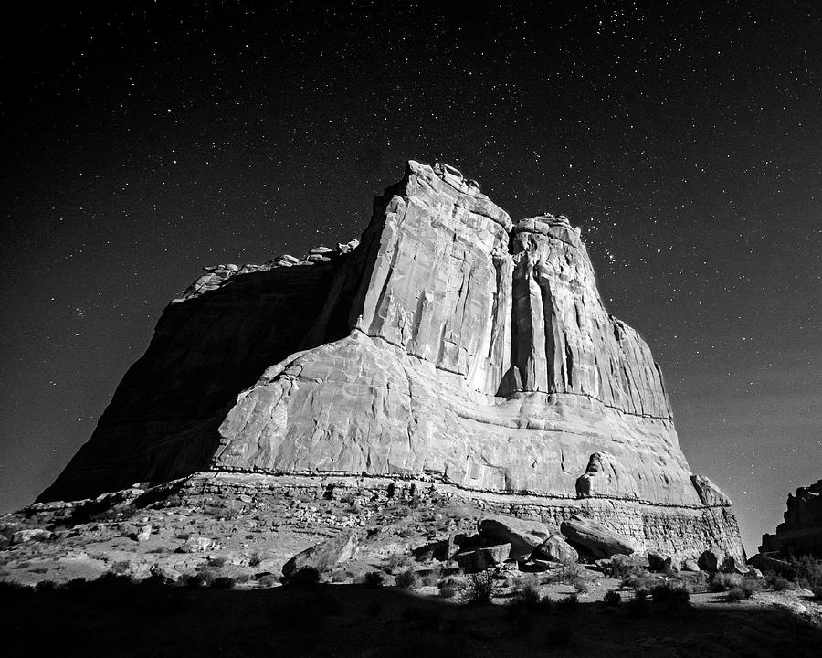 Courthouse Towers under the Starry Sky Arches National Park Moab Utah Black and White Photograph by Toby McGuire