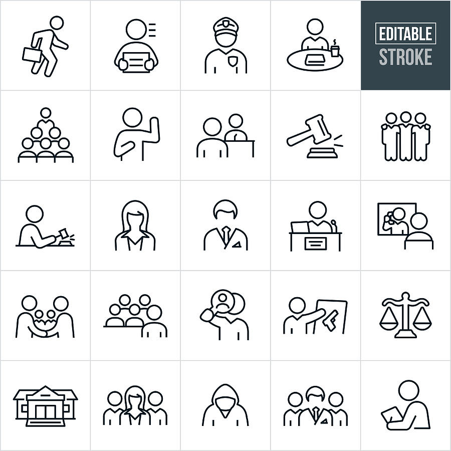 Courtroom Thin Line Icons - Editable Stroke Drawing by Appleuzr