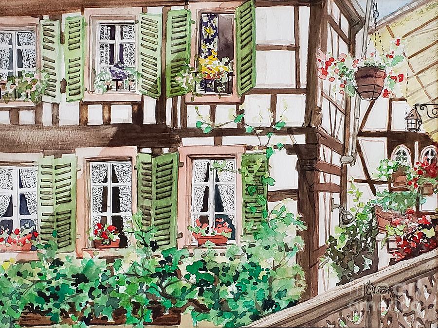 Courtyard view, Colmar France Painting by Merana Cadorette