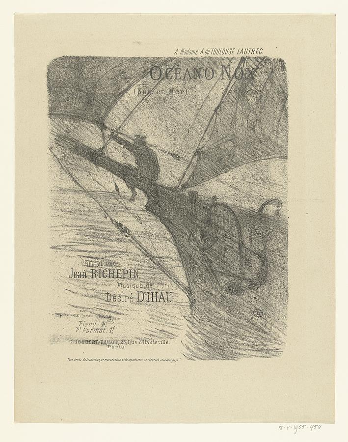 Cover For Music Sheet With Song Oceano Nox With A Sailor Sitting On The Bowsprit Of A Sailing Ship, Painting