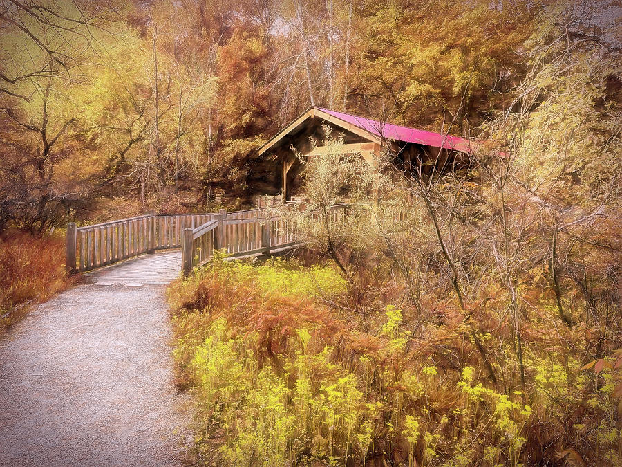Covered Bridge along the River Walk Fall Painting Photograph by Debra and Dave Vanderlaan