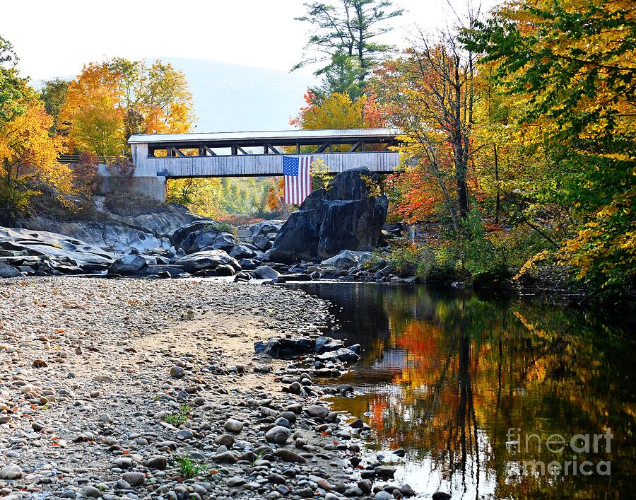Covered Bridge and the American Flag Photograph by Steve Brown