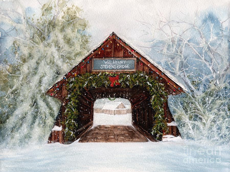 Covered Bridge Highlands NC Winter  Painting by Janine Riley