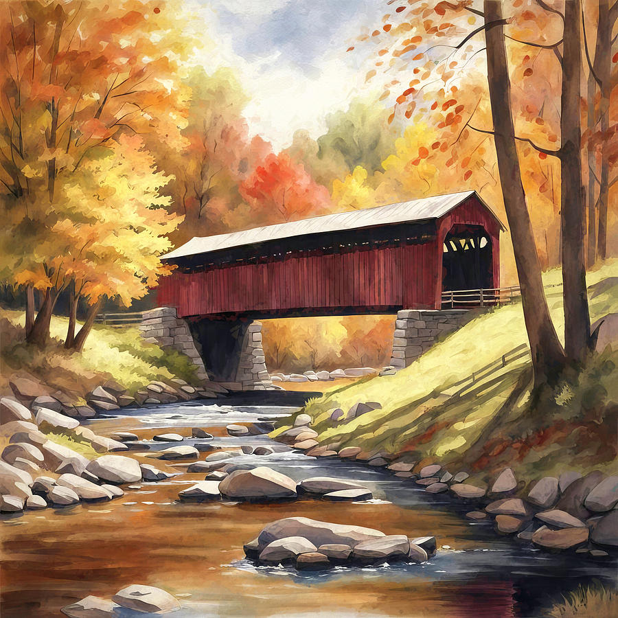 Covered Bridge in Autumn Digital Art by Donna Kennedy