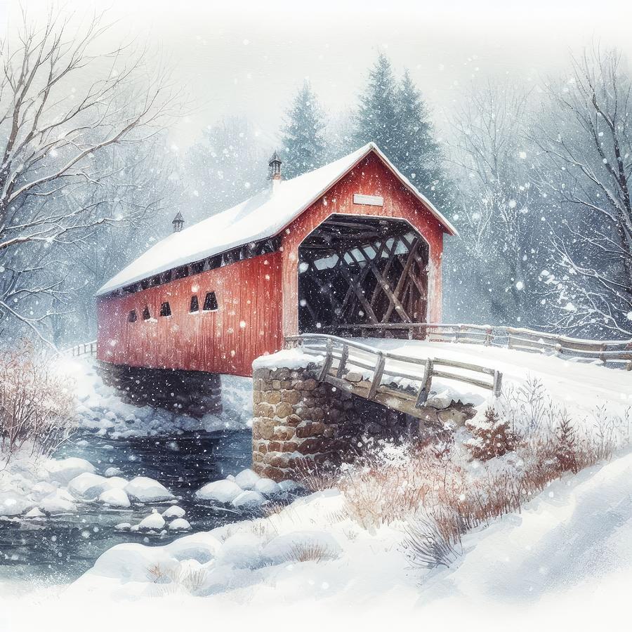 Winter Mixed Media - Covered Bridge in Winter by Kim Hojnacki