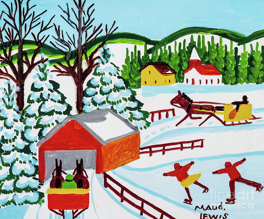 Covered Bridge in Winter with Skaters by Maud Lewis mid 1960s Painting by Maud Lewis