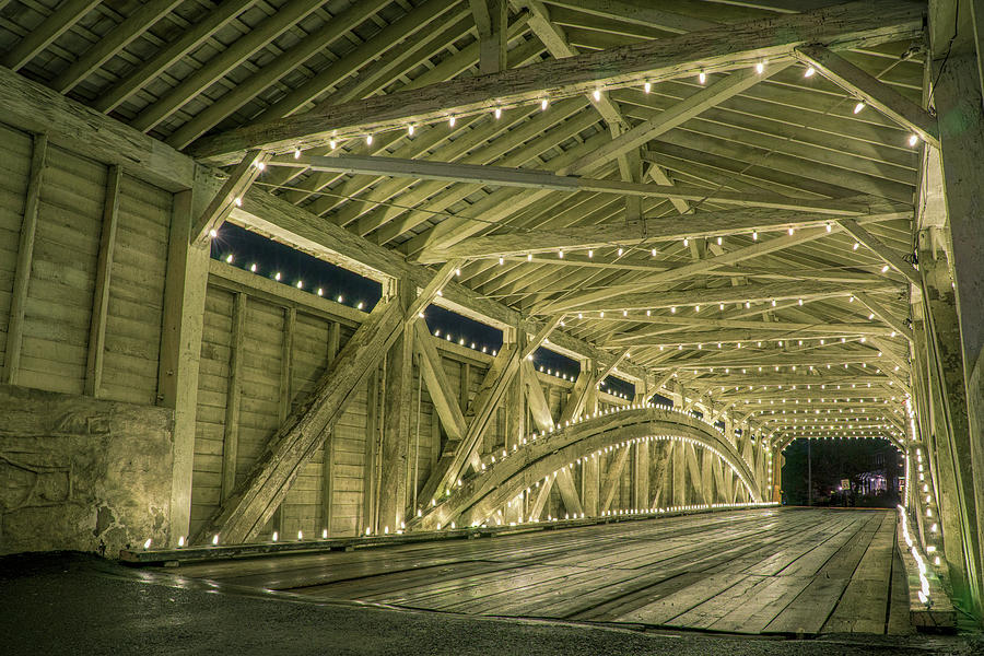 Covered Bridge Interior - Holiday Lights Photograph by Jason Fink