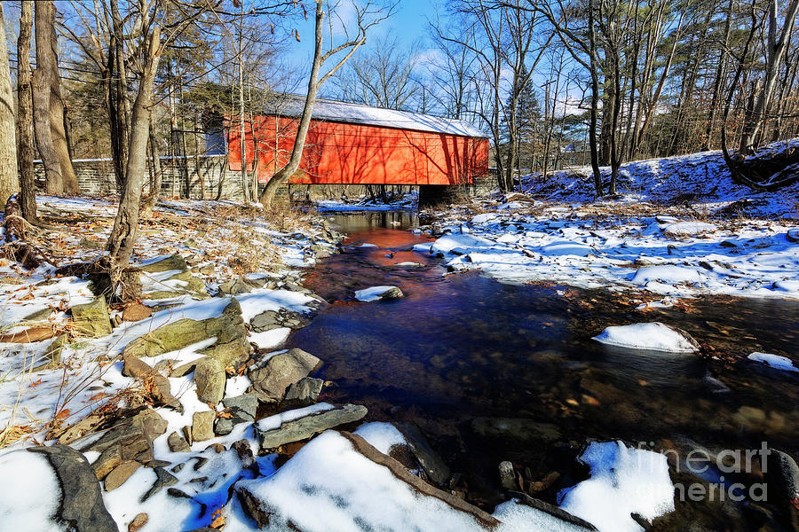 Covered Bridge Over the Cabin Run Creek During Winter Photograph by George Oze