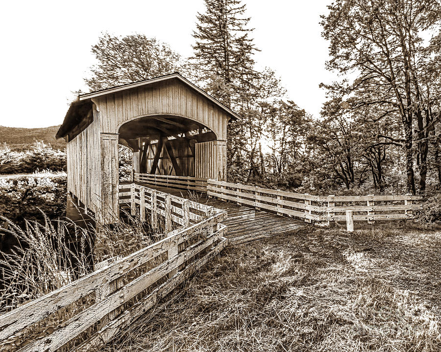Covered Bridge, Sepia, Pacific Northwest Photograph by Don Schimmel