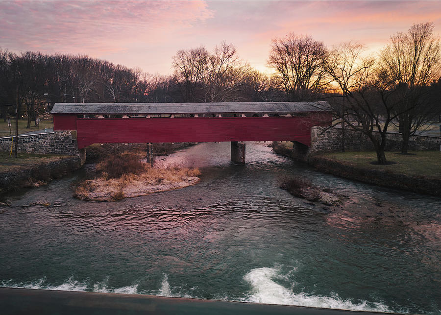 Covered Bridge Sunrise from Wehrs Dam Photograph by Jason Fink