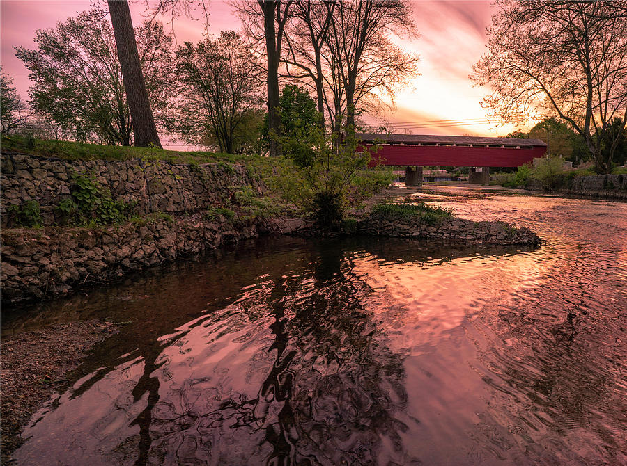 Covered Bridge Sunset on the River Photograph by Jason Fink