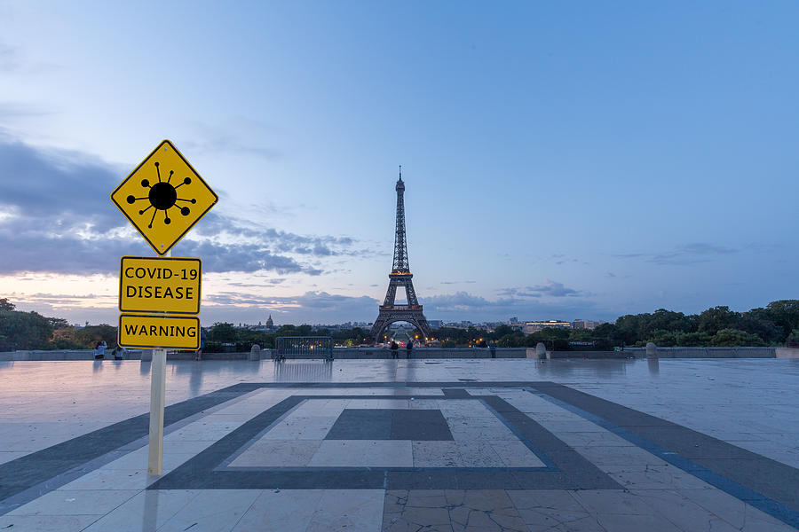 covid-19 warning sign with Eiffel tower,Paris Photograph by Lupengyu