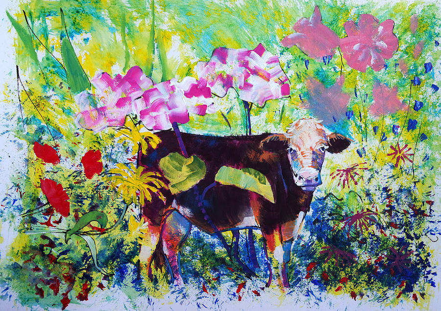 Cow Amongst Flowers Surreal Painting Painting by Mike Jory