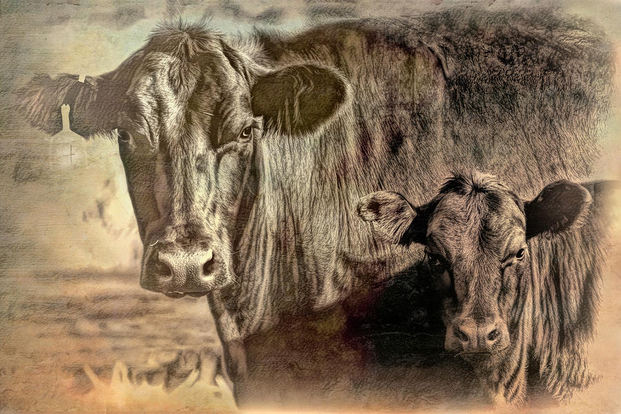 Cow And Calf Textured Photo Art Photograph by Ann Powell