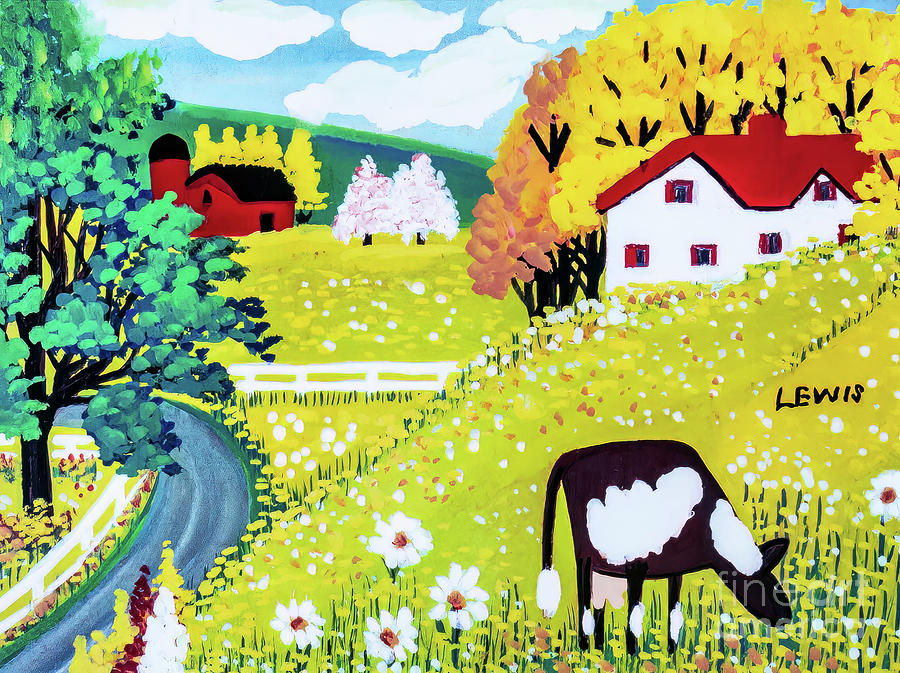 Cow and Daisies by Maud Lewis early 1950s Painting by Maud Lewis