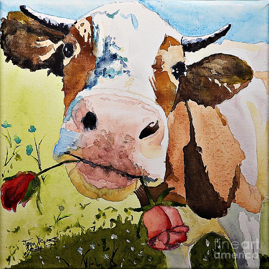 Cow and Roses Painting by Tom Riggs