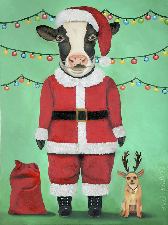 Christmas Painting - Cow Claus and Mr Jingles by Leah Saulnier The Painting Maniac