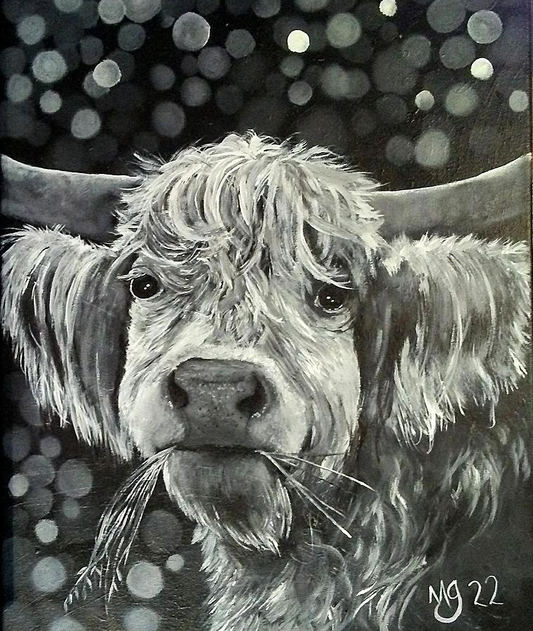 Cow in black and white Painting by Mindy Gibbs