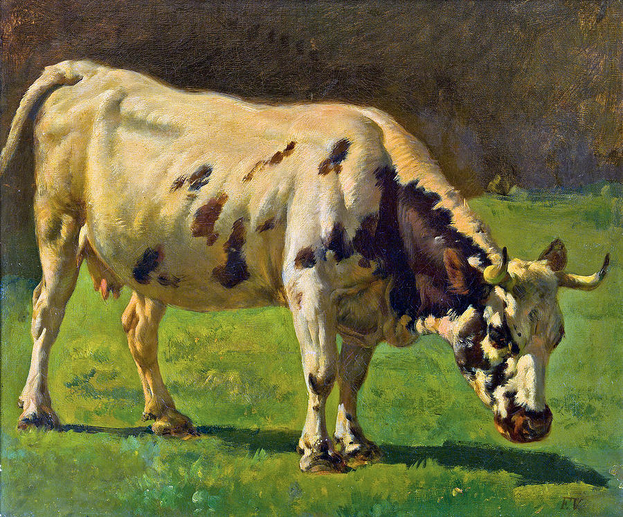 Cow in pasture Painting by Friedrich Voltz