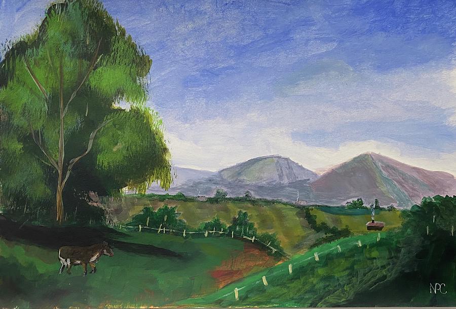 Mountains Painting - Cow in the field by Naomi Cooper Mountains Painting - Cow in the field by Naomi Cooper