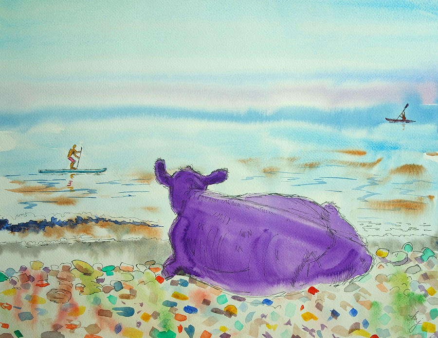 Cow lying down on pebble beach watching paddleboarders painting Painting by Mike Jory