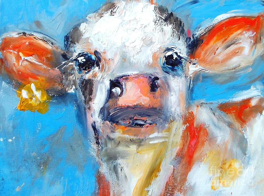 cow on blue Irish-paintings Painting by Mary Cahalan Lee - aka PIXI