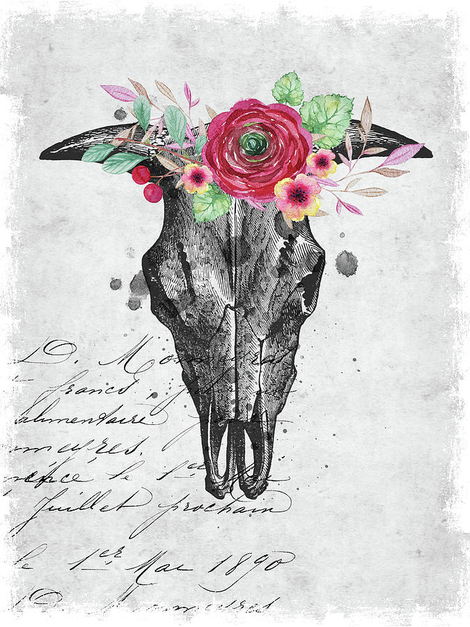 Cow skull with watercolor flowers Digital Art by Mihaela Pater