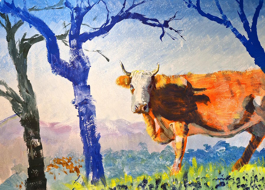 Cow Trees and Distant Mountains Painting Painting by Mike Jory