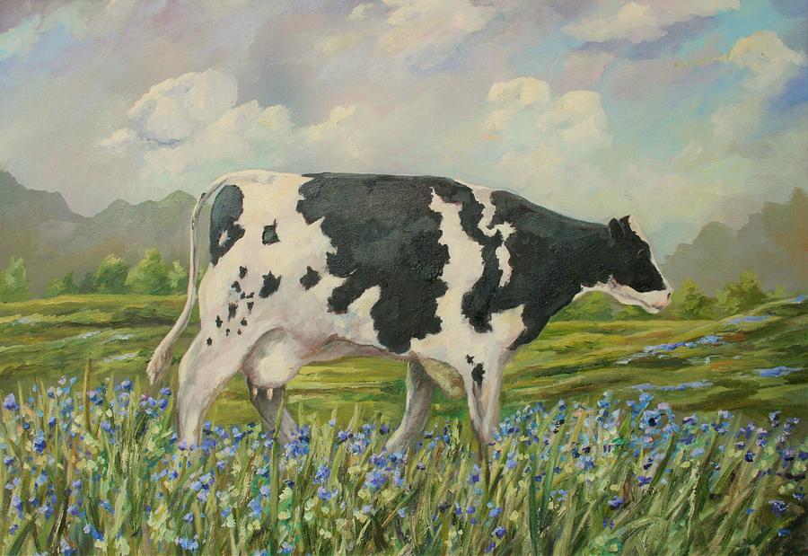 Cow with Bluebells Painting by Sarah Davis
