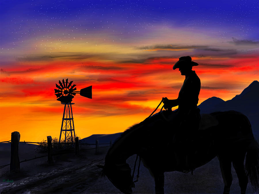 Cowboy at Sunset Digital Art by Ron Grafe