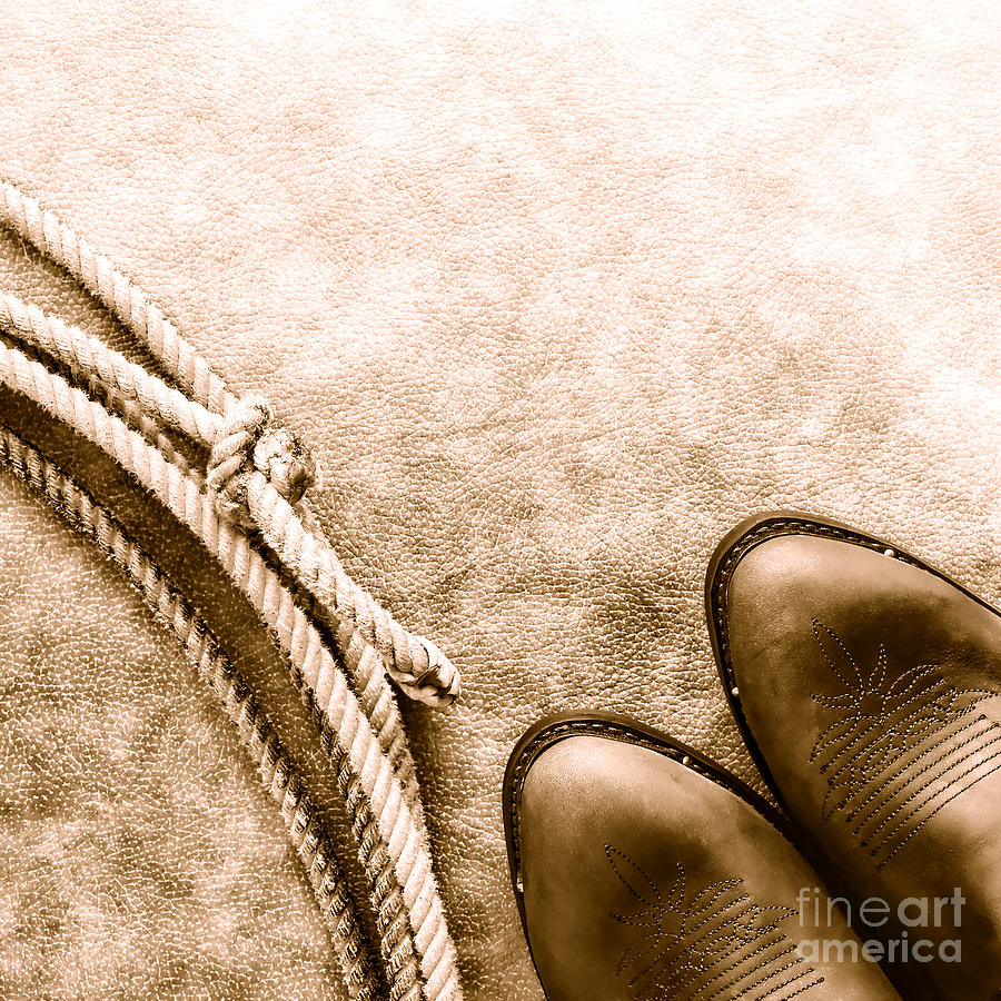Cowboy Boots and Lasso - Sepia Photograph by Olivier Le Queinec