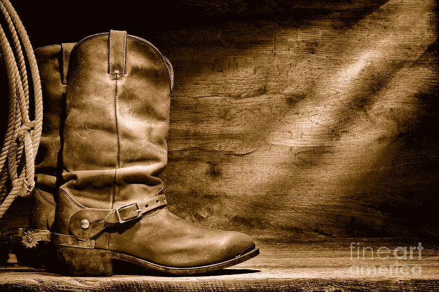 Boot Photograph - Cowboy Boots on Wood Floor - Sepia by Olivier Le Queinec