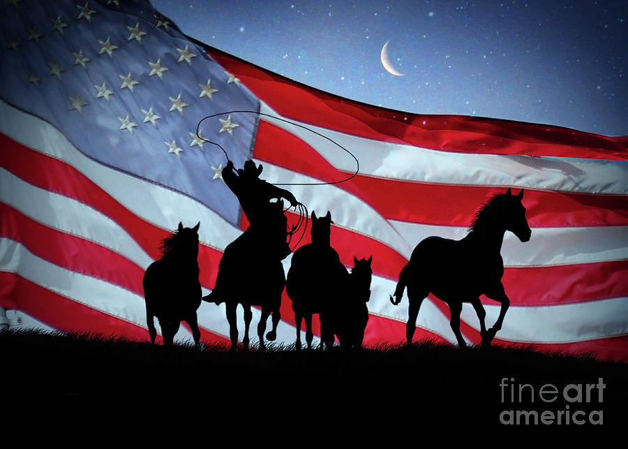 Cowboy Country Western American Flag and Wild Horses Photograph by Stephanie Laird