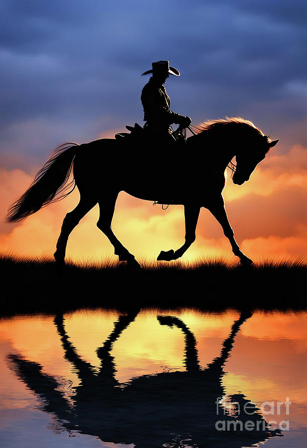 Cowboy Dressage with Horse and Sunset Rider and Reflection in Water Mixed Media by Stephanie Laird