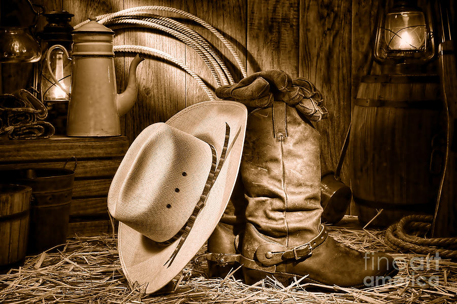 Cowboy Gear in Barn - Sepia  Photograph by Olivier Le Queinec