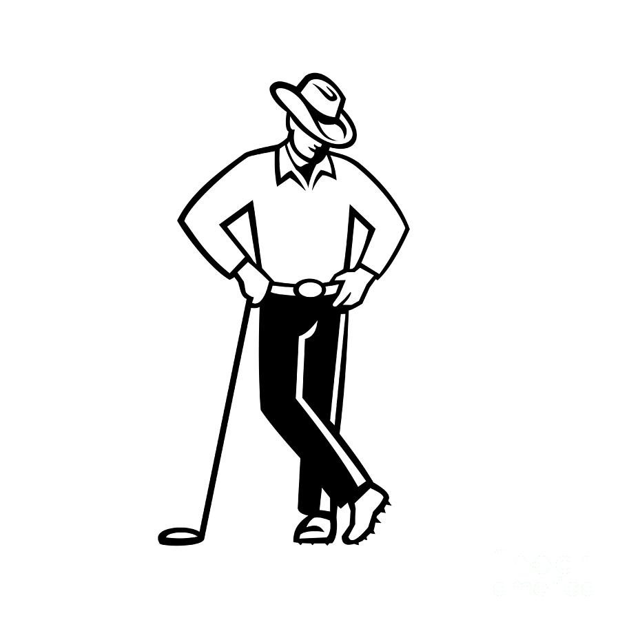 Cowboy Golfer Leaning Golf Club Black And White Digital Art