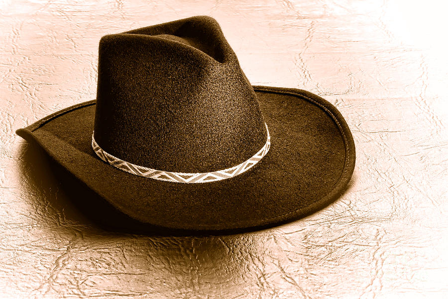 Cowboy Hat on Leather - Sepia Photograph by Olivier Le Queinec