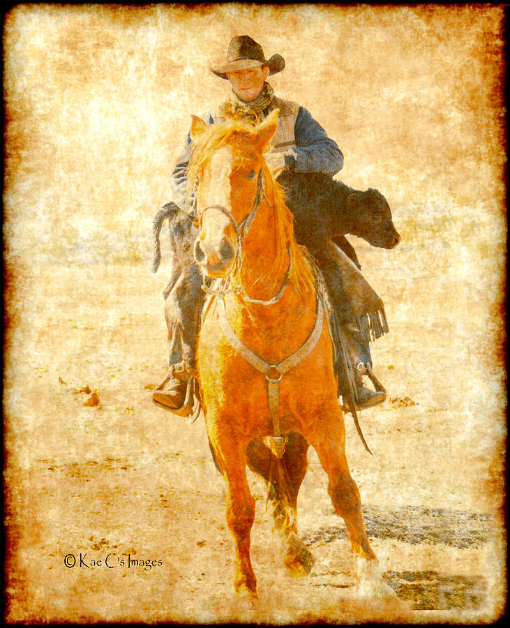 Cowboy Helps Calf Mixed Media by Kae Cheatham