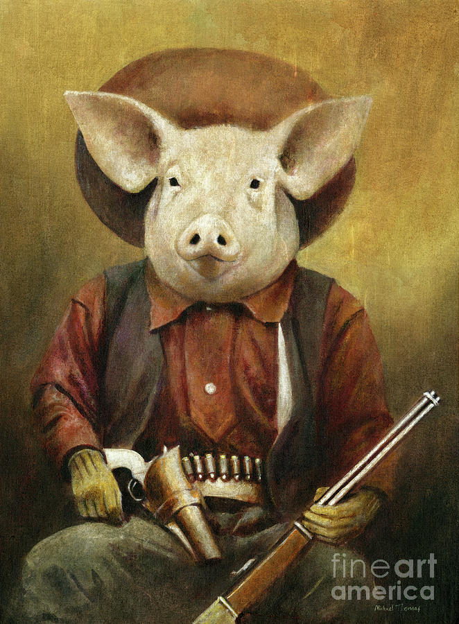 Cowboy Hog Painting by Michael Thomas