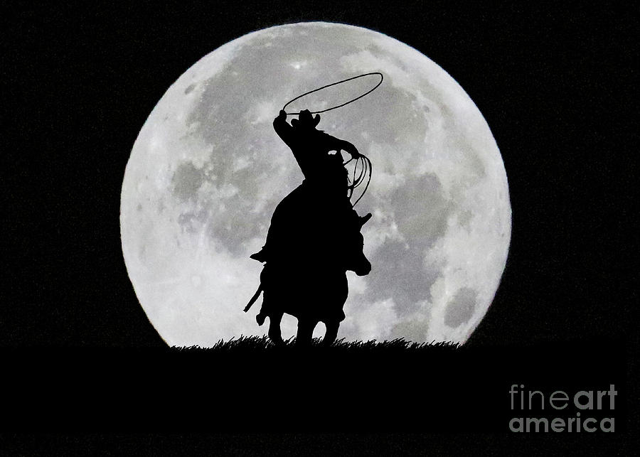Cowboy Horse and Steer Roping in Big Surreal Full Moon Country Western Photograph by Stephanie Laird