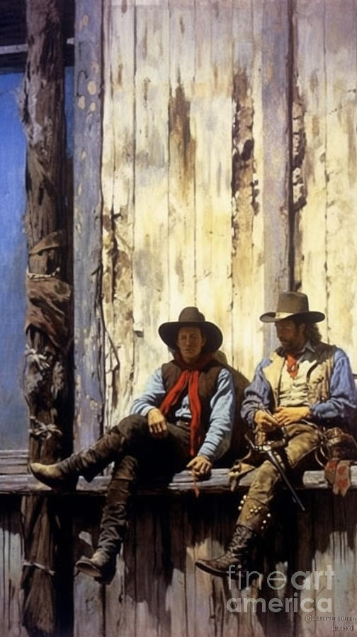 cowboy  lawmen  taking  a  break  behind  the  saloon   by Asar Studios Painting by Celestial Images