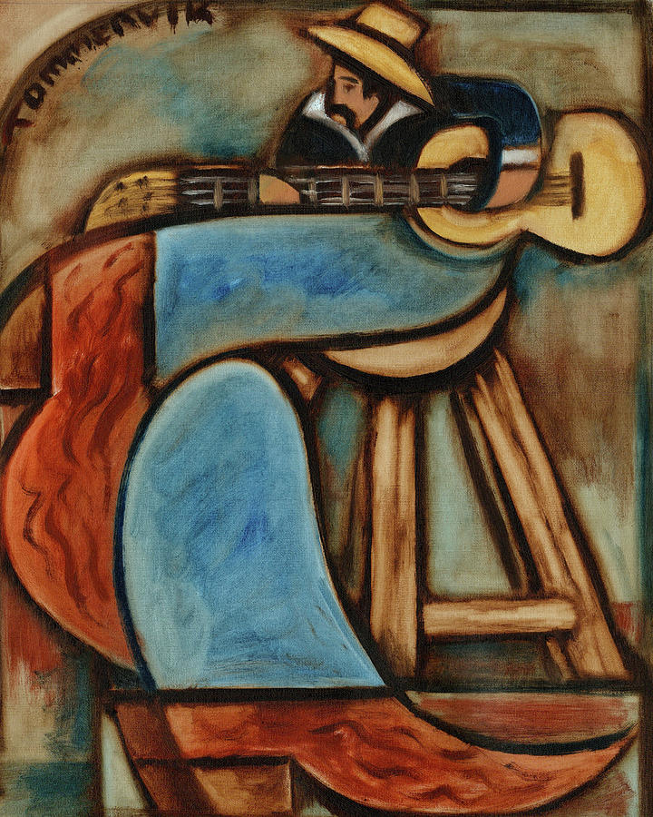 Cowboy Playing Guitar in  Albuquerque New Mexico Art Print Painting by Tommervik