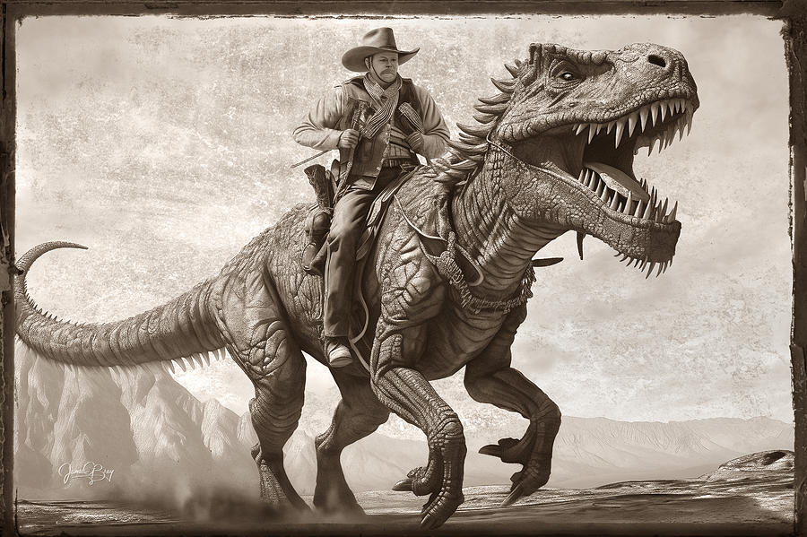 Cowboy Riding Tyrannosaurus Dinosaur Digital Art By Jim Brey - Fine Art ...