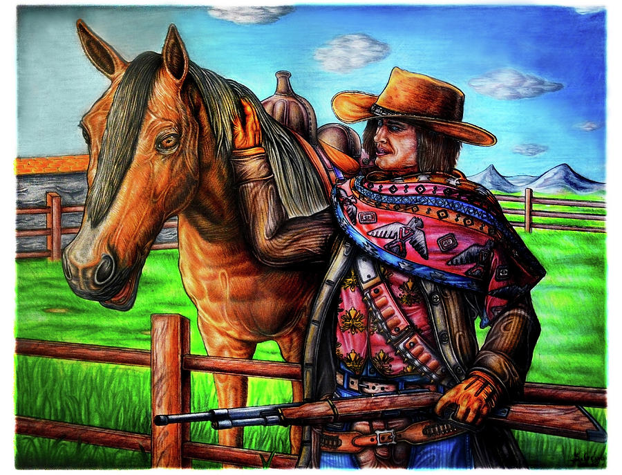 Cowboy with his horse - Colored pencils drawing Drawing by Stephan Grixti