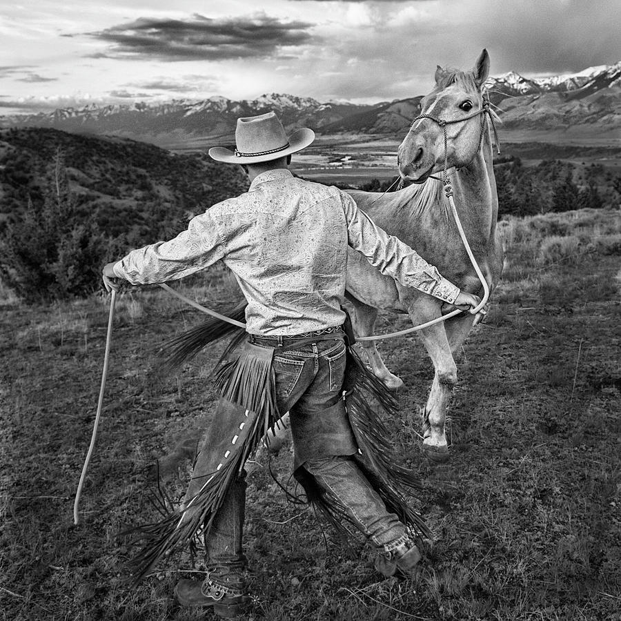 Cowboy Wrangling Horse In Black And White In Montana 4 Photograph By 